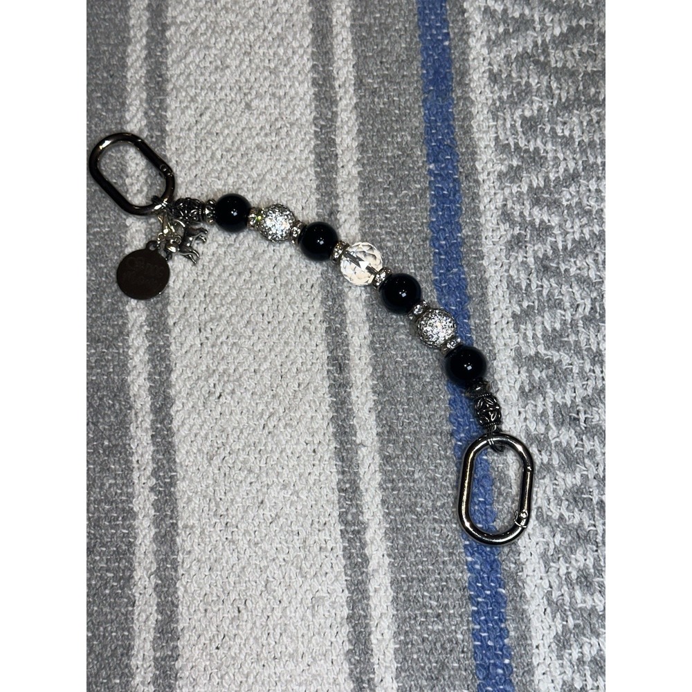 Dog Mom Beaded Keychain Connector Strap Black Silver Rhinestone Double Carabiner